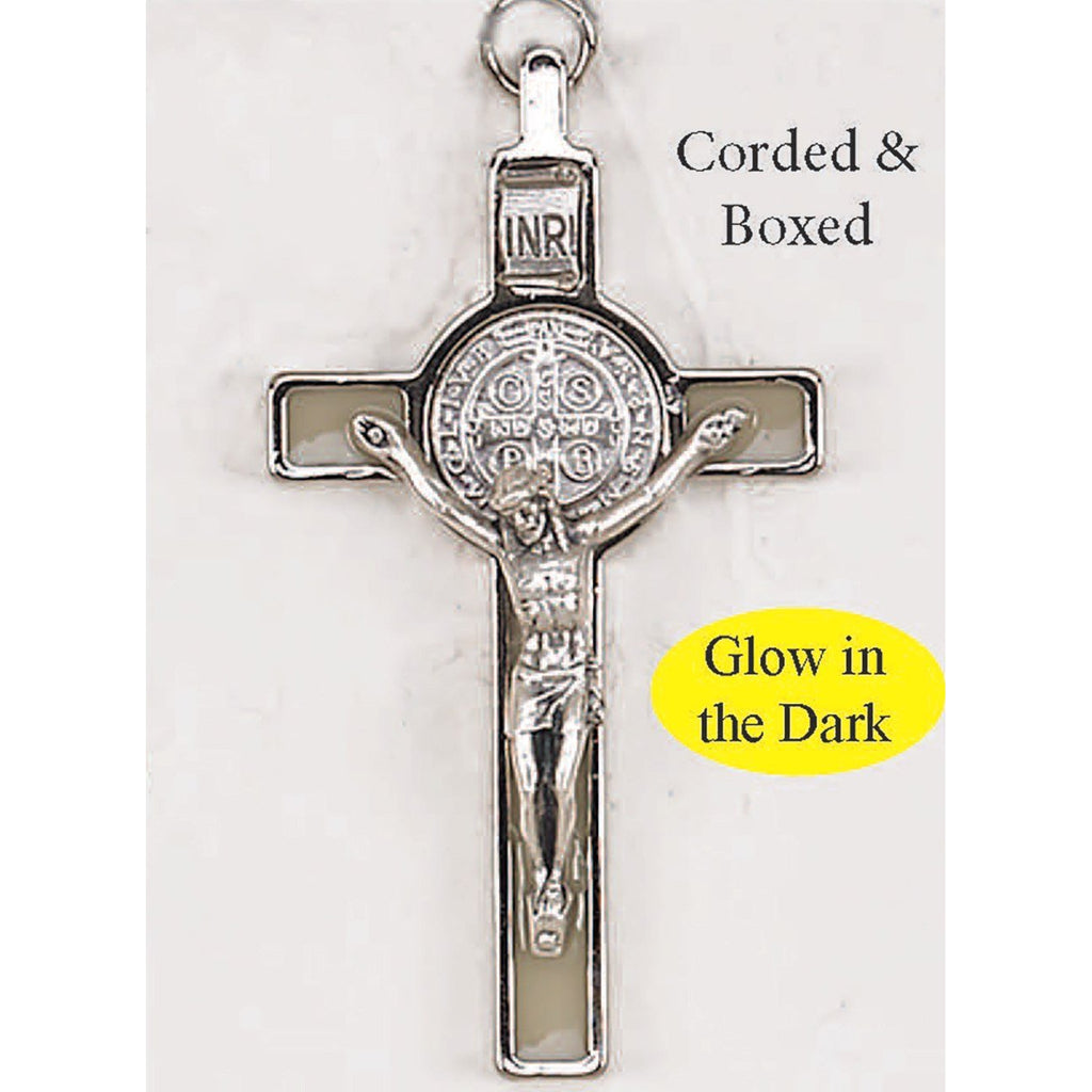 Saint Benedict Glow in the Dark Enamel Crucifix - Silver Tone Medal