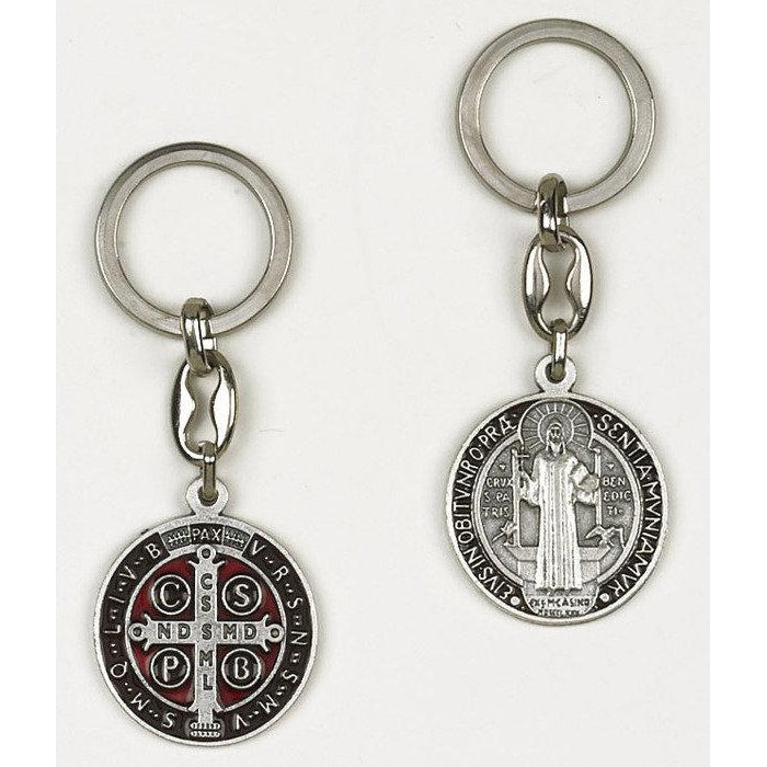 Saint Benedict Silver Tone Token Keychain - Brown Enamel