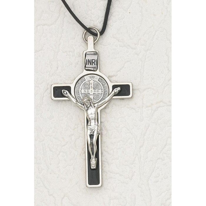 Saint Benedict Black Enamel Crucifix - Silver Tone Medal